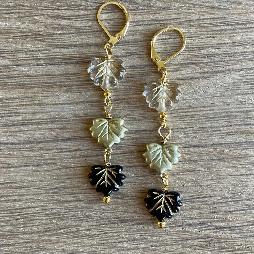 HAND CRAFTED FALLING LEAVES DANGLE EARRINGS Gold Black Clear Autumn Cottagecore